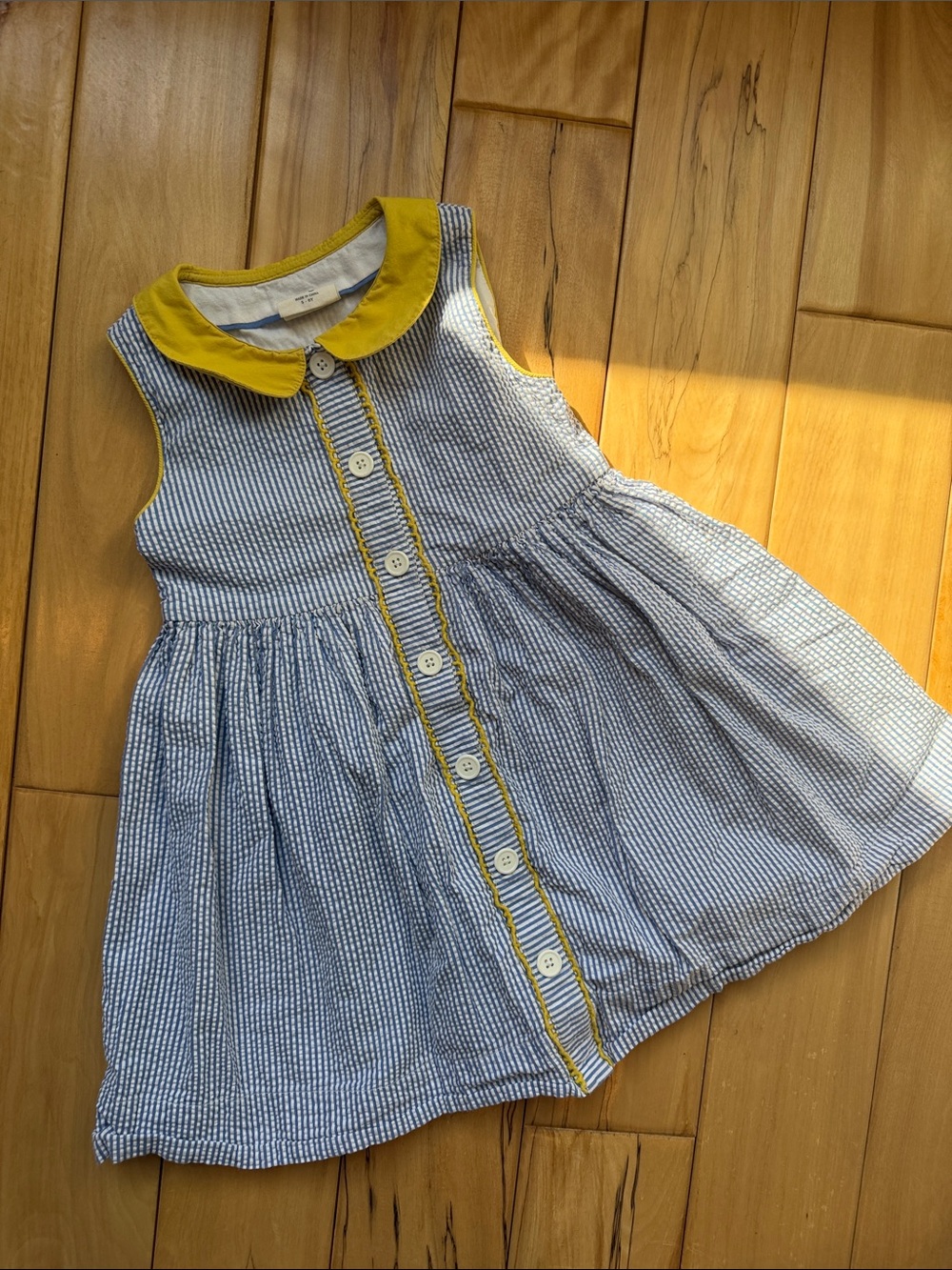 Mini Boden - Sz. 5-6 - Blue Seersucker Sleeveless Kids Dress w/Yellow Collar